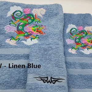Chinese Dragon Embroidered Towels - Pick Color of Towel and Size of Set - Bath Sheet, Bath Towel, Hand Towel, Washcloth