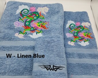 Chinese Dragon Embroidered Towels - Pick Color of Towel and Size of Set - Bath Sheet, Bath Towel, Hand Towel, Washcloth