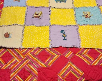 Sponge Bob Embroidered and Raggedy Quilt - 36" by 36"