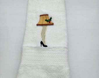 Leg Lamp on White Embroidered Hand Towel - Face Towel - In Stock - Ready To Ship