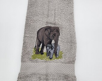 Elephant Mama and Baby on Silver Gray Embroidered Hand Towel - Ready to Ship