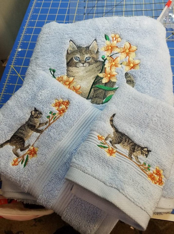 Cat Embroidered Bath Towel Set Bath Towel Hand Towel and | Etsy