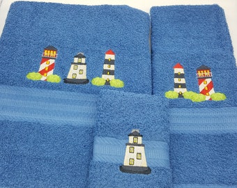 Lighthouses on Blue - 3 Piece Embroidered Towel Set - Bath Towel, Hand Towel and Washcloth - Free Shipping - Ready To Ship