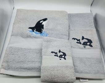 Whales on Silver Gray - 3 Piece Embroidered Towel Set - Bath Towel, Hand Towel and Washcloth  - In Stock - Ready To Ship