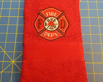 First Responder Fireman Emblem on Red Embroidered Hand Towel - Free Shipping - Ready To Ship