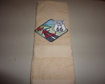Route 66 on Sandstone - Embroidered Hand Towel - Face Towel - Ready To Ship