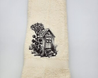 Outhouse Outline on Ivory Embroidered Hand Towel - Face Towel -  Free Shipping - Ready To Ship