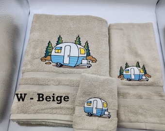 Retro Blue Trailer - Embroidered Towels - Bath Sheet, Bath Towel, Hand Towel and Washcloth - Pick Towel Color - Order Set or Individually