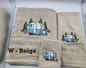 Retro Blue Trailer - Embroidered Towels - Bath Sheet, Bath Towel, Hand Towel and Washcloth - Pick Towel Color - Order Set or Individually