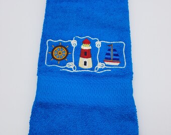 In Stock - Ready To Ship - Nautical on Turquoise Embroidered Hand Towel - Face Towel -  Free Shipping