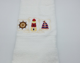 In Stock - Ready To Ship - Nautical on White Embroidered Hand Towel - Face Towel -