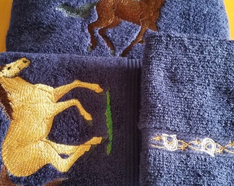 Dark Horses Embroidered Towels - Pick Size of Set & Towel Color - Bath Sheet, Bath Towel, Hand Towel, Washcloth - Free Shipping