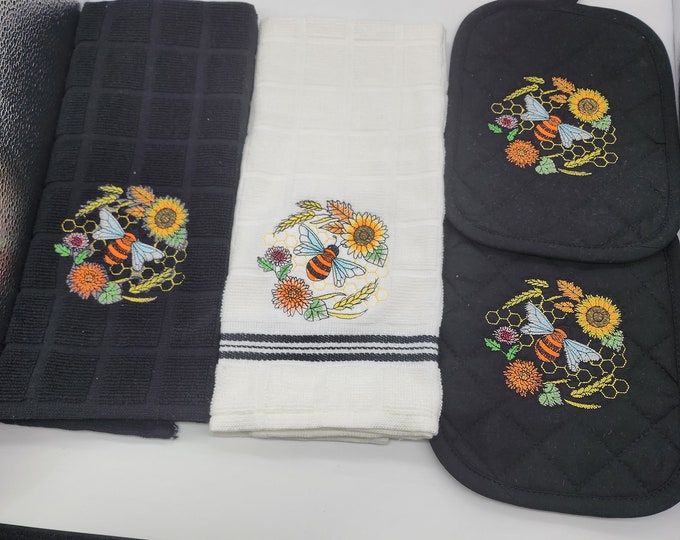 Featured listing image: 4 Piece Embroidered Kitchen Towel Set - Bees & Flowers - Order as sets or individually