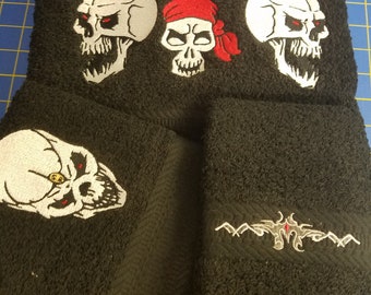 Skulls on Black - 3 Piece Embroidered Towel Set - Bath Towel, Hand Towel and Washcloth - In Stock