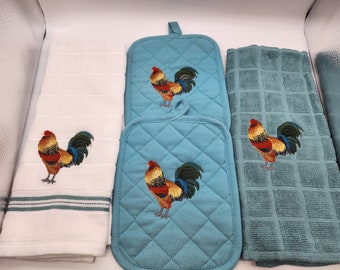 4 Piece Embroidered Kitchen Towel Set - Colorful Rooster - Order as sets or individually - Free Shipping