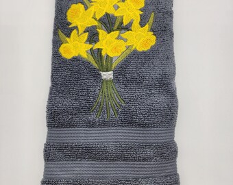 Daffodils on Gray Embroidered Hand Towel - Ready to Ship