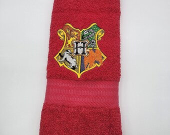 Harry Potter - Hogwarts 4 House Shield on Strawberry Red - Embroidered Hand Towel - Free Shipping