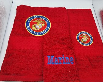 USMC - Marine on Red  - 3 Piece Embroidered Towel Set - Bath Towel, Hand Towel and Washcloth - Ready To Ship