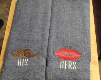 Lips or Mustache or Pair - Embroidered Hand Towels - Face Towel - His & Her Towels - Decorated Towel- Free Shipping