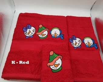 Snowmen Faces - Embroidered Towels - Order Individually or Set - Pick Towel Color - Bath Sheet, Bath Towel, Hand Towel and Washcloth