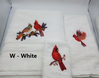 Cardinals Redbirds - Embroidered Towels - Choose Your Size of Set and Towel Color - Bath Towel, Bath Sheet, Hand Towel, Washcloth