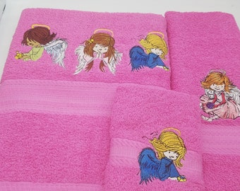 Child Angels on Pink  - 3 Piece Embroidered Towel Set - Bath Towel, Hand Towel and Washcloth -