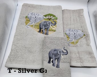 Elephant Scene - Embroidered Towels - Order Individually or Set - Pick Towel Color - Bath Sheet, Bath Towel, Hand Towel and Washcloth