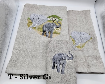 Elephant Scene - Embroidered Towels - Order Individually or Set - Pick Towel Color - Bath Sheet, Bath Towel, Hand Towel and Washcloth