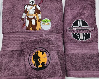 Mandalorian on Plum - 3 Piece Embroidered Towel Set - Bath Towel, Hand Towel and Washcloth - Ready To Ship