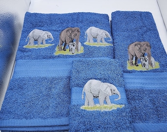 Elephant Trio on Blue 3 Piece Embroidered Towel Set - Bath Towel, Hand Towel and Washcloth - Ready To Ship
