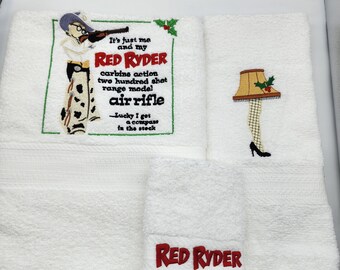 Ready To Ship - Christmas Story on White - 3 Piece Embroidered Towel Set - Bath Towel, Hand Towel and Washcloth - Free Shipping