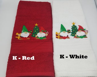 Christmas Gnomes  - Embroidered Hand Towel - Pick Color of Towel - Order One or More - Bathroom Decoration - Free Shipping