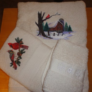 Winter Scene  - Embroidered Towels - Bath Sheet, Bath Towel, Hand Towel and Washcloth -  Order Set or Individually
