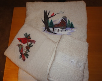Winter Scene  - Embroidered Towels - Bath Sheet, Bath Towel, Hand Towel and Washcloth -  Order Set or Individually