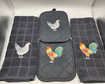 4 Piece Embroidered Kitchen Towel Set - Rooster and Chicken - Order as sets or individually - Free Shipping