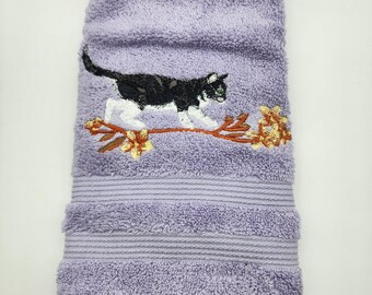 Black Cat on Limb Embroidered Hand Towel - Ready to Ship