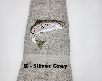 Trout - Embroidered Hand Towel - Face Towel - Bathroom Decoration - Order One or More - Choice of Towel Color - Free Shipping