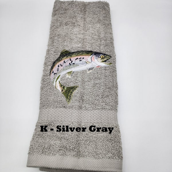 Trout - Embroidered Hand Towel - Face Towel - Bathroom Decoration - Order One or More - Choice of Towel Color - Free Shipping