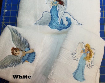 Beautiful Angels - Embroidered Towels - Order Set or Individually - Pick Towel Color - Bath Sheet, Bath Towel, Hand Towel and Washcloth