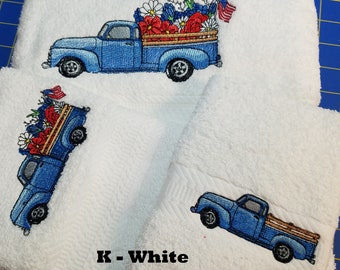 Summer Truck with Flag - Embroidered Bath Towel Set - Bath Towel, Hand Towel and Washcloth -  Order Set or Individually
