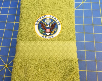 In Stock - Ready To Ship - Military - Army on Moss Green - Embroidered Hand Towel - Free Shipping