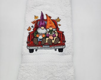 Gnome Fall Truck - Embroidered Hand Towels - Order One or More -  Bathroom Decoration - Free Shipping