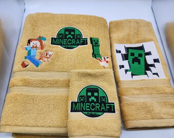 Minecraft on Gold 3 Piece Embroidered Towel Set - Bath Towel, Hand Towel and Washcloth - Ready To Ship - Free Shipping