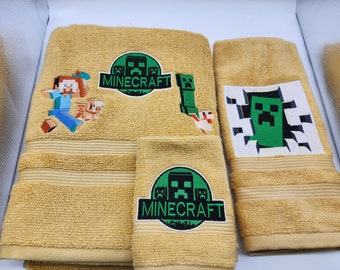 Minecraft on Gold 3 Piece Embroidered Towel Set - Bath Towel, Hand Towel and Washcloth - Ready To Ship