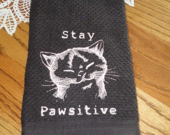 Stay Pawsitive - Embroidered Cotton Kitchen Towel - Kitchen Decor