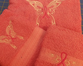 Breast Cancer Wings - 3 Piece Embroidered Towel Set - Bath Towel, Hand Towel and Washcloth - In Stock Ready to Ship