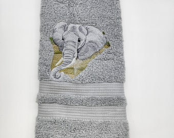 Elephant Head on Silver Gray Embroidered Hand Towel - Free Shipping - Ready to Ship