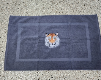 Tiger on Charcoal Gray Embroidered Bath Mat - Embroidered Directly on Bath Mat