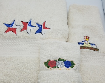 Patriotic on Ivory - 3 Piece Embroidered Towel Set - Bath Towel, Hand Towel and Washcloth - In Stock - Ready To Ship