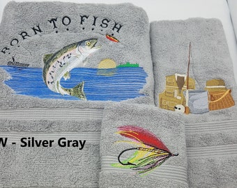 Fly Fishing Trout Born To Fish * Pick Your Size of Set and Towel Color * Bath Sheet, Bath Towel, Hand Towel & Washcloth
